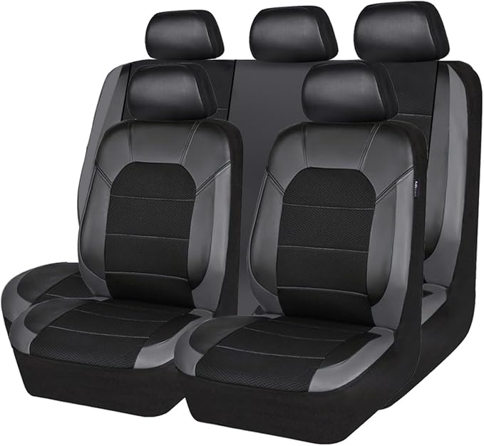 CAR PASS Leather Seat Covers, Automotive Sport Car Seat Cover Super 5mm Composite Sponge Inside, Airbag Compatible Universal Fits Most Cars, SUVs, Trucks and Vans (Full Set,Black & Gray) by CARPASS