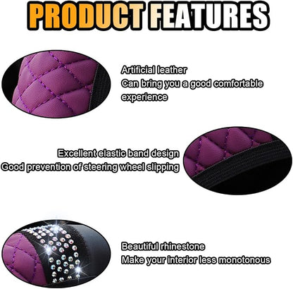 JOYCOURT 15 Inch Bling Soft Leather Car Steering Wheel Cover, Purple | Colorful Rhinestones Design, Auto Elastic Protector for Women Girls, Crystal Diamond Car Accessories for Most Cars, SUVs - Image 4