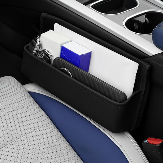 Car Seat Gap Filler Organizer with Lid, Universal Leather Auto Front Seat Storage Box, Adjustable Car Center Console Side Pocket for Phones, Keys, Glasses, Cards, No Seat Belt Block (Black) by Unknown