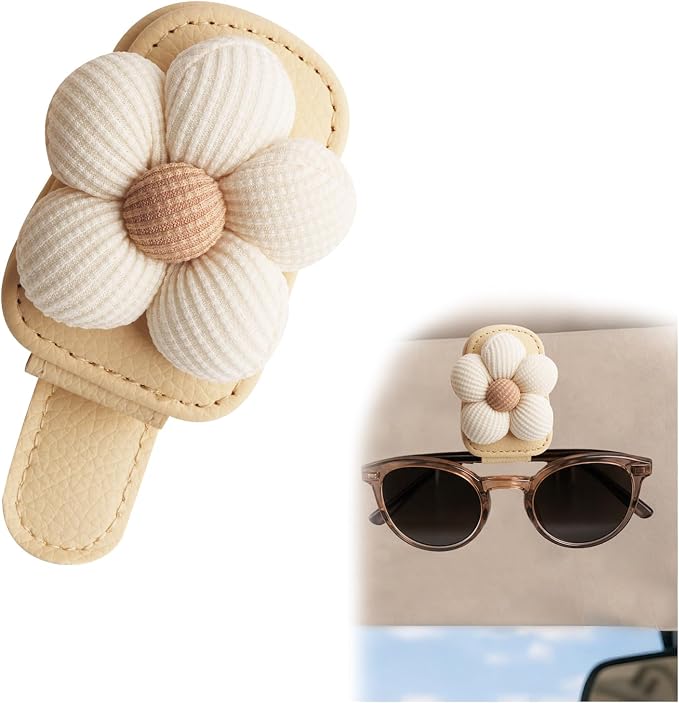 Flower Magnetic Sunglass Holder for Car Visor Fits Women (Beige) | Anti-Scratch Car Sunglass Holder Clip for Multiple Sizes of Glasses,Tool-Free Sunglasses Clip for Car Visor as Gift by Unknown