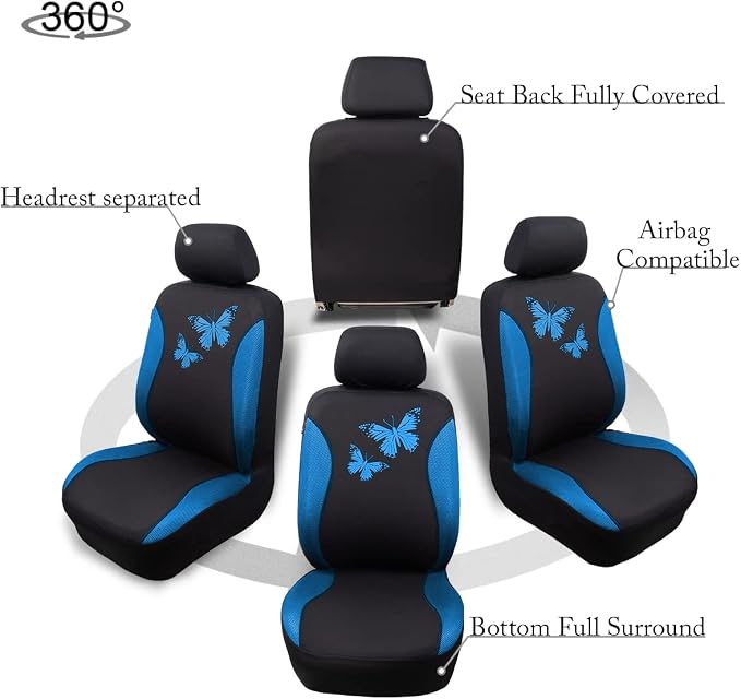 Flying Banner Butterfly car seat Covers ful Set Fashion Universal Lady Woman Female Rear Bench Split Colorized (Full Set, Blue) - Image 8