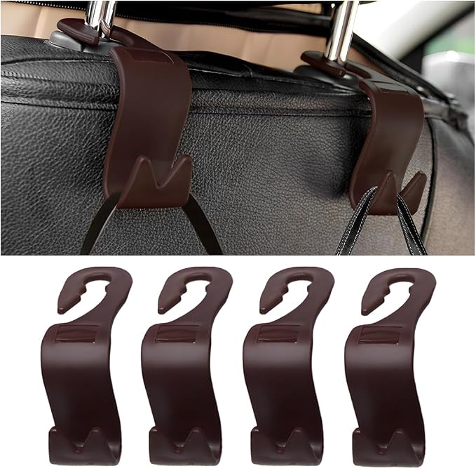 Car Seat Headrest Hook, 4PCS Vehicle Seat Back Storage Hanger for Handbag Purse Grocery, Automotive Interior Organization Holder Hook, Universal for SUV, Truck, RV (Brown) by Unknown