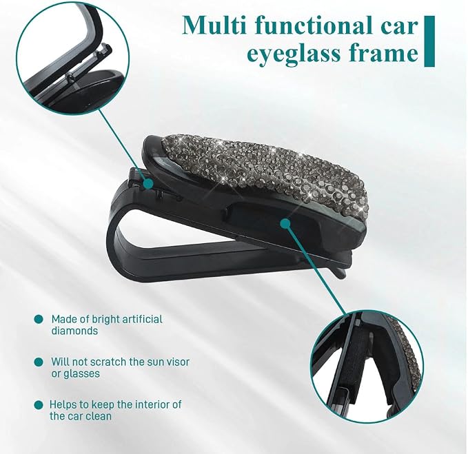 2PCS Glasses Holders for Car Sun Visor, Fashion Bling Crystal Rhinestones Car Eyeglasses Sunglasses Hanger Mount with Ticket Card Clip, Universal Vehicle Visor Accessories for Women Men (Gray) - Image 6