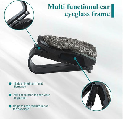 2PCS Glasses Holders for Car Sun Visor, Fashion Bling Crystal Rhinestones Car Eyeglasses Sunglasses Hanger Mount with Ticket Card Clip, Universal Vehicle Visor Accessories for Women Men (Gray) - Image 6