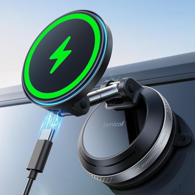 Lamicall 15W for MagSafe Car Mount Charger, 360° Wireless Car Phone Holder | Dual USB-C Ports Magnetic Phone Holder for Car, 70 LBS Vacuum Suction Phone Mount for iPhone 17 16 Pro Max Truck Jeep Silver by Lamicall