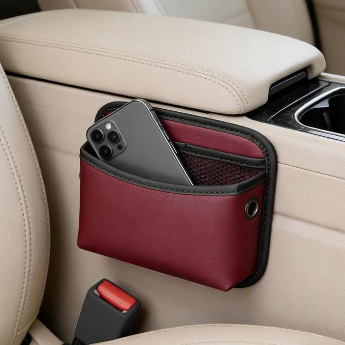 Car Seat Side Pocket Organizer, Leather Automotive Seat Door Pouch Bag Organizer, Vehicle Wallet Cards Phone Sunglasses Storage Holder Pocket Accessories, Universal Fit (Red) - Image 3