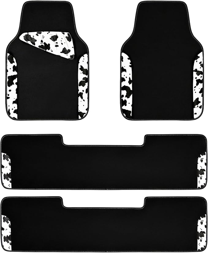 CAR PASS Waterproof Universal 3 Row Car Floor Mats, Cow Print Car Mats Fit for SUV,Vans,sedans, Trucks,Set of 3 Row Vehicles Car Carpet with Heel Pad and Nibs Backing, Cute Women Girly (Black White) by CARPASS