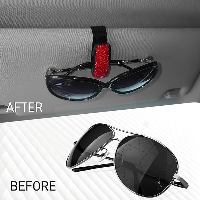 2PCS Bling Rhinestone Car Sun Visor Glasses Holders with Anti-Scratch Sponge, Sunglass Holder for Car, Ticket Card Clip Sunglasses Mount, Auto Eyeglass Hanger Clip for Women Girls (Red) - Image 6