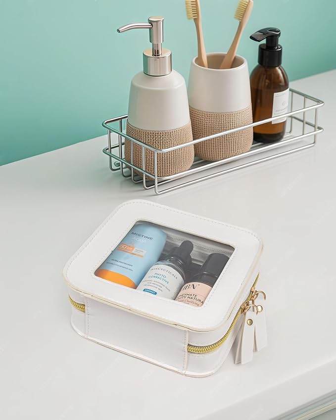 Clear Beach Makeup Bag Travel Cosmetic Case Transparent Toiletry Bag with Zipper, Portable Make Up Organizer Traveling Compact Car Bag for Beach Essentials (Off White, Mini-Clear) - Image 7