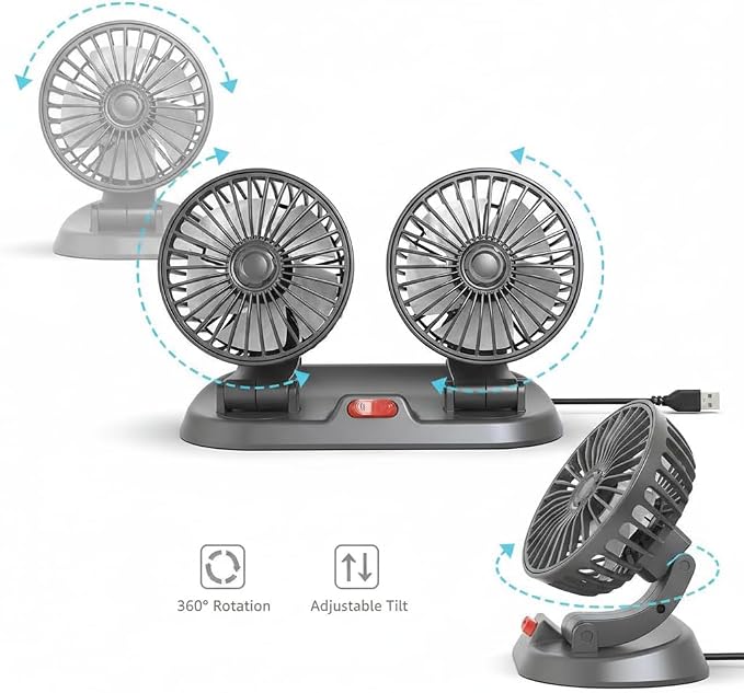 Dual Head Car Fan 5V USB Powered - 360° Rotatable Dashboard Cooling Air Circulator with 3 Speeds - Strong Wind Electric Fan for Car SUV RV Truck - Quiet Vehicle Fan for Front/Rear (USB-5V-Dual) - Image 8
