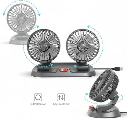 Dual Head Car Fan 5V USB Powered - 360° Rotatable Dashboard Cooling Air Circulator with 3 Speeds - Strong Wind Electric Fan for Car SUV RV Truck - Quiet Vehicle Fan for Front/Rear (USB-5V-Dual) - Image 8