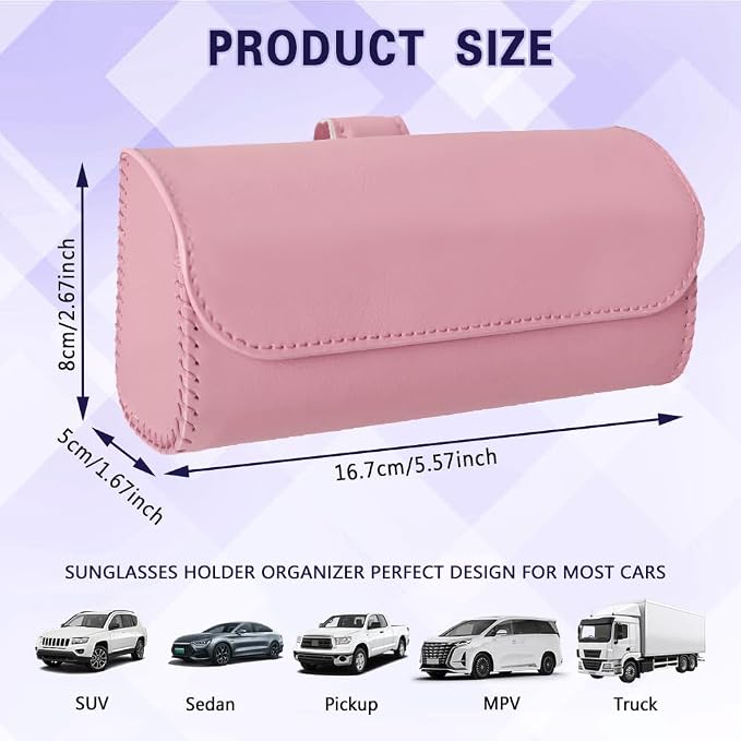 Sunglasses Holder for Car Sun Visor, Sunglass Organizer for Car, Magnetic Leather Eyeglasses Protective Storage Case, Waterproof Glasses Organizer Visor Accessories for Vehicles (Pink) - Image 2