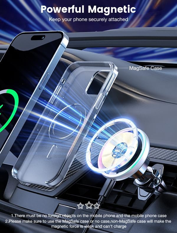 for Magsafe Car Mount Charger 15W LED RGB Car Phone Holder for Dash Vent | HandsFree Magnetic Wireless Car Charger Car Mount Fast Car Charger for iPhone 17 16 15/14/13/12 Series Silver - Image 6