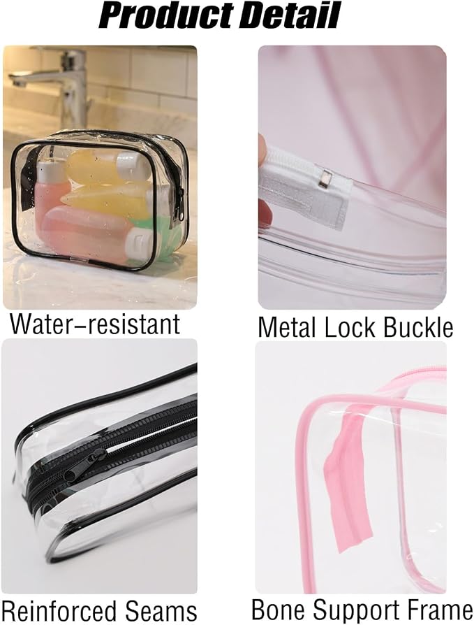 Buminee Clear Toiletry Bag, TSA Approved Travel Toiletry Bag, Water Repellent Carry-on Cosmetic Bag for Women & Men, Airline Compliant Shower Bag for Travel Accessories - 4 Pack Pink Single Zipper - Image 3
