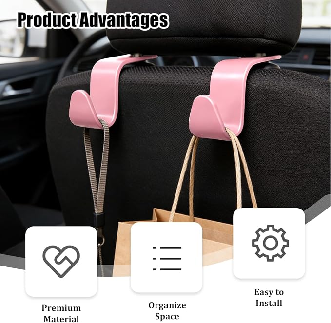 Car Seat Headrest Hook, 4PCS Vehicle Seat Back Hanger Storage Organizer for Handbag Purse Coat, Auto Interior Headrest Hook, Universal for SUV Automobile Truck (Pink) - Image 3