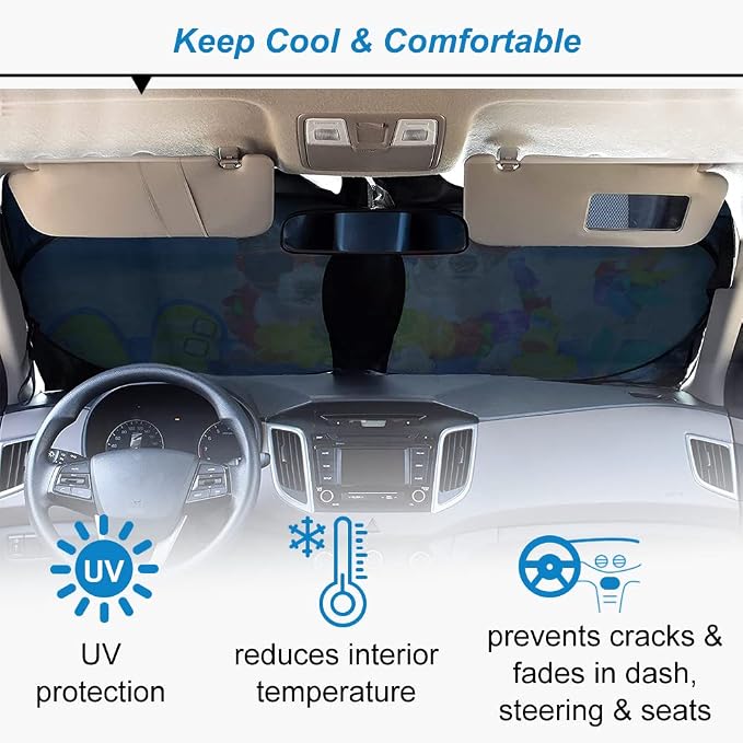 Car Windshield Sunshade, KANCOKIT Cartoon Pattern Auto Sun Shade Foldable for Front Window Sun Visor Protector UV Ray Reflector Keep Vehicle Cool Protect Kids Baby & Pets (59" x 33.5") (Flowers) - Image 5