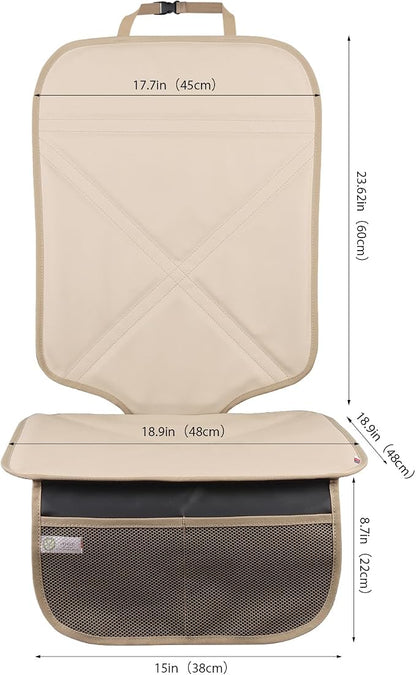 Viaviat Car Seat Protector Leather Waterproof Child Safety Seat Protector Cover with Thick Pad and 2 Large Pockets Durable Kick Mat for All Auto Seat (Beige) - Image 4