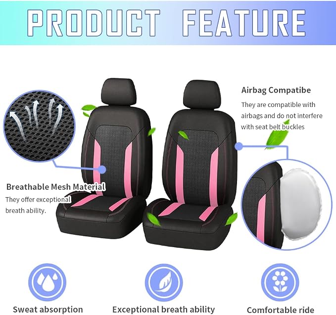 4PCS Cooling Car Seat Covers,Breathable Front Seat Covers with Mesh Construction and Foam Padding,Car Seat Protector to Reduce Back Sweating,Universal Car Interior for Car SUV (Pink) - Image 3