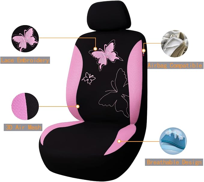Flying Banner Butterfly car seat Covers ful Set Fashion Universal Lady Woman Female Rear Bench Split Colorized (Pink, 2 Fronts - Lace) - Image 2
