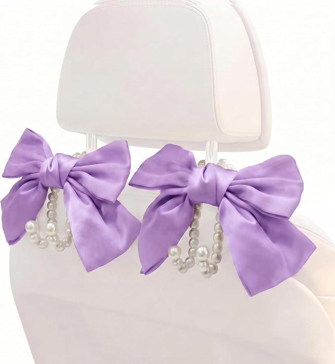 2PCS Satin Bow Pearl Car Seat Headrest Hooks – Car Bag Holder & Vehicle Hanger for Purses – Cute Coquette Aesthetic Interior Decoration – Cute Auto Organizer Accessories Universal (Lavender Purple) - Image 9