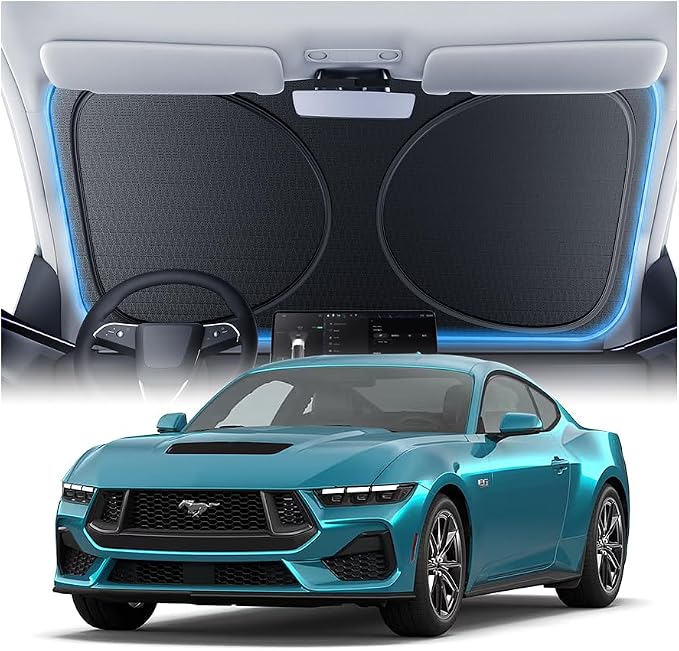 Windshield Sun Shade for Ford Mustang/Ranger 2000-2026, Custom Fit Sunshade, 100% UV Block & Heat Insulation, Foldable Car Sunshade with Storage Bag, Protect Interior Accessories by Amadaw