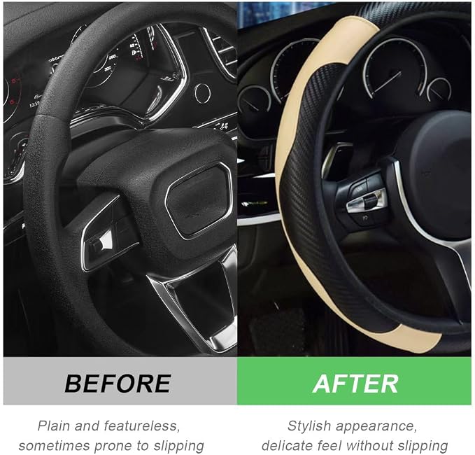DXNQ Car Steering Wheel Cover, 15 Inch Carbon Fiber Leather Stitching Color Steering Wheel Protector, Anti-Slip Elastic Breathable Steering Wheel Cover Stylish Decor for Most Cars (Black & Beige) - Image 4