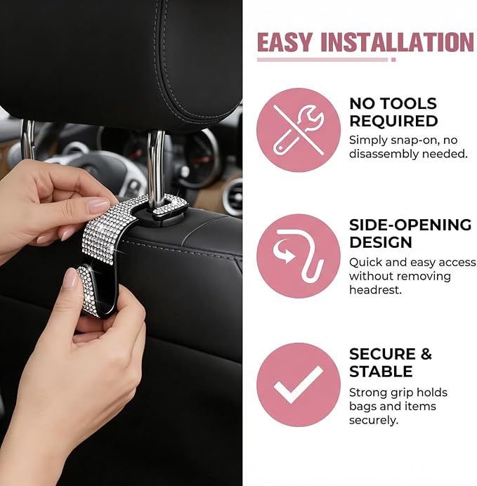 4PCS Bling Car Seat Headrest Hook, Crystal Rhinestone Backseat Hanger Organizer for Purse Handbag Umbrella, Shiny Auto Interior Seat Back Storage Holder Hook, Universal Fit (White) - Image 3