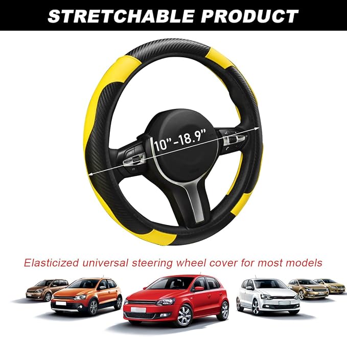 DXNQ Car Steering Wheel Cover, 15 Inch Carbon Fiber Leather Stitching Color Steering Wheel Protector, Anti-Slip Elastic Breathable Steering Wheel Cover Stylish Decor for Most Cars (Yellow) - Image 2