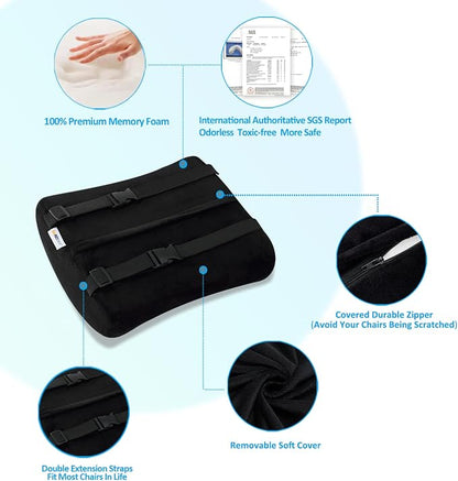 SAIREIDER Comfortable Lumbar Support Pillow for Office Chair, Memory Foam Back Support Pillows for Car、Gaming Chair、 Home Chair, Back Pain Relief Improve Posture, Double Adjustable Straps(Black) - Image 4