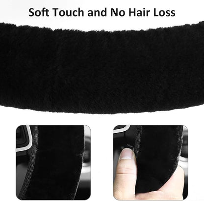 Fluffy Steering Wheel Cover for Women Girls, Accmor Universal Fit 15 inch Fur Car Wheel Cover & Handbrake Cover & Gear Shift Cover Set, Fashion Winter Warm Fuzzy Vehicle Wheel Protector (Black) - Image 4