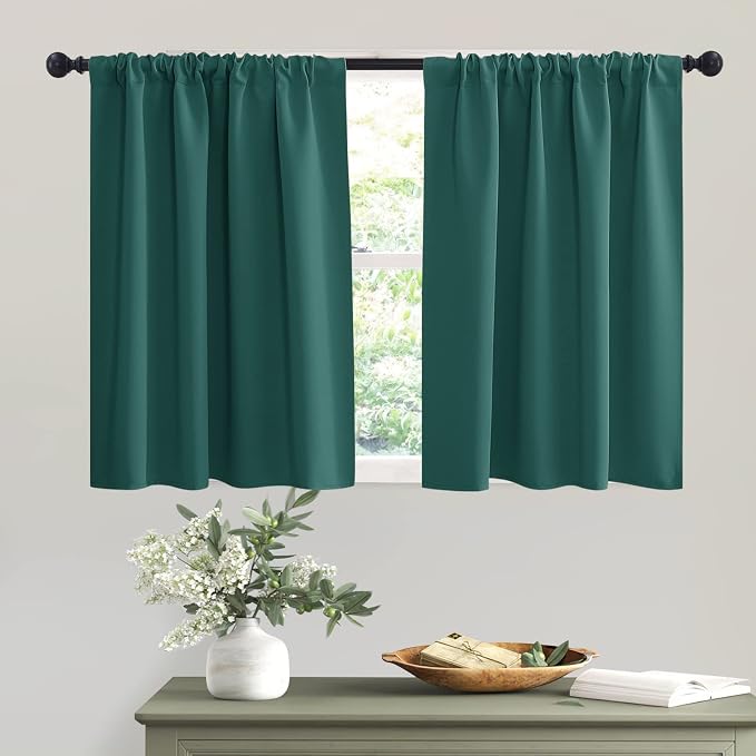 RYB HOME Short Hunter Green Blackout Curtains for Small Bedroom Window Cafe | Thermal Insulating, UV Blocking, Privacy Protection, Drapes/Tiers for Basement Garage Bathroom, W42 x L36, 2 Panels by RYBHOME