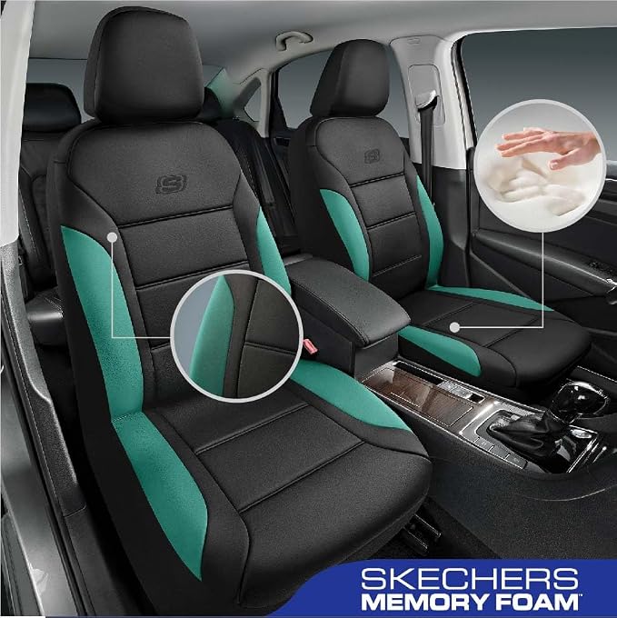 Skechers Memory Foam Car Seat Covers, Lycra Fabric Seat Covers Thick Memory Foam, Front Car Seat Protector, Airbag Compatible, Automotive Comfort Protection for Most Cars,Trucks, SUVs,Green - Image 2