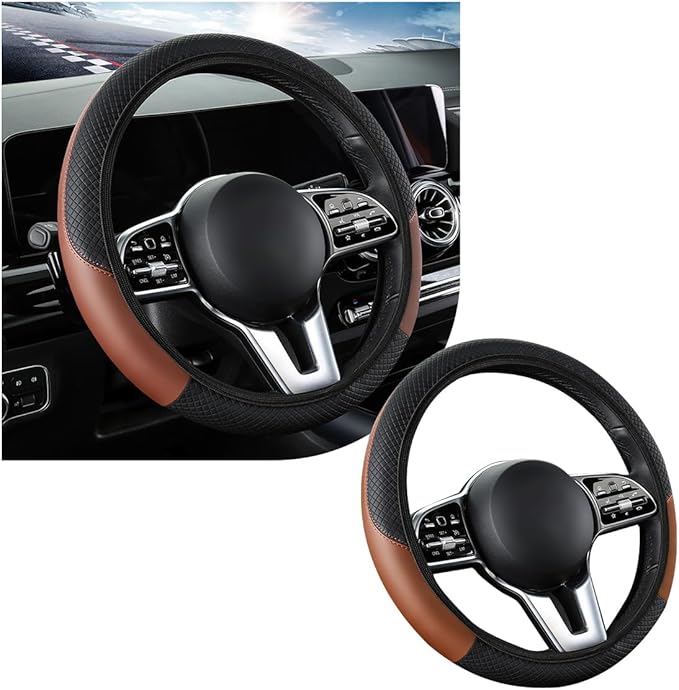 povtii Car Steering Wheel Cover, 15 Inch Leather Breathable Auto Steering Wheel Protector, Comfortable Non-Slip Vehicle Steering Wheel Covers, Universal Interior Car Accessories (Black+Coffee, AD) by povtii