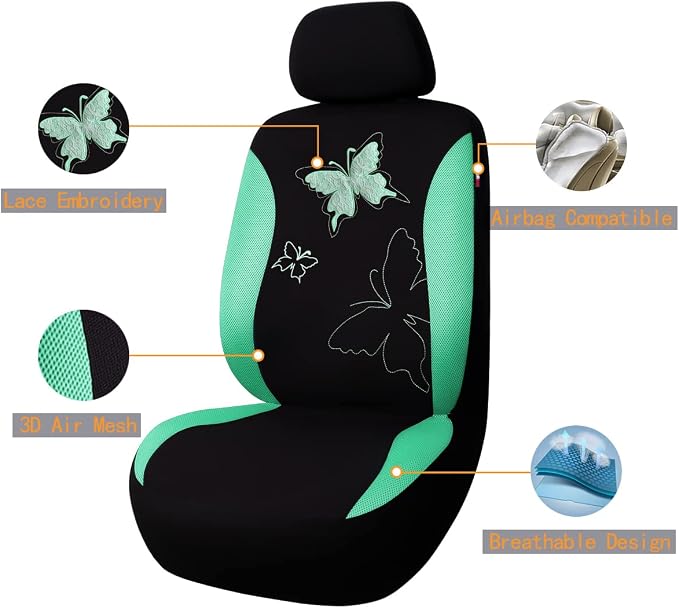 Flying Banner Butterfly car seat Covers ful Set Fashion Universal Lady Woman Female Rear Bench Split Colorized (Mint Green, Full Set - Lace) - Image 2