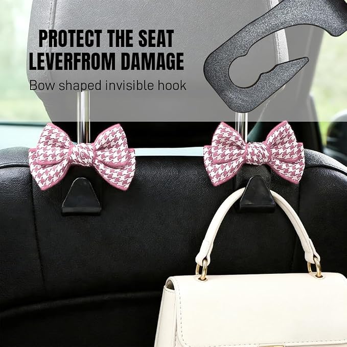 2PCS Car Seat Headrest Hooks, Car Purse Hook, Cute Bow Knot Vehicle Seatback Hanging Storage Organizer, Auto Seatback Decor Organizer Hanger for SUV Truck (Small Houndstooth/Pink) - Image 5