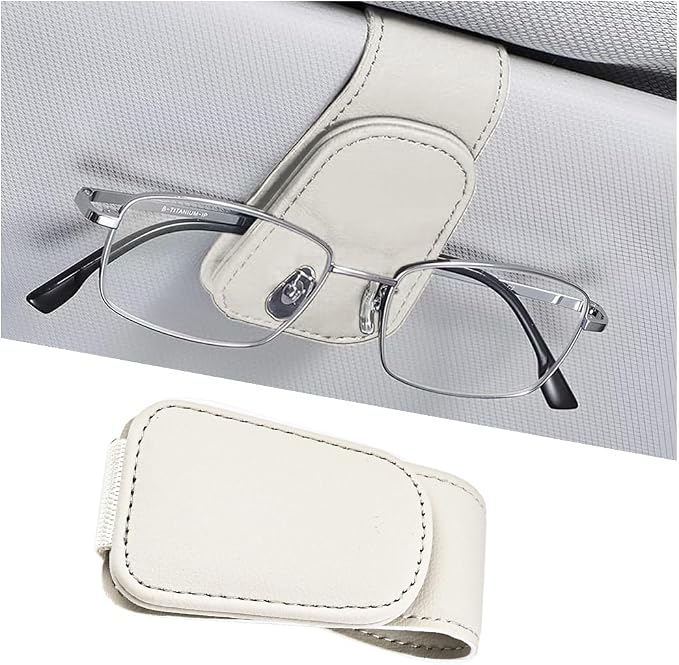 Sunglasses Holder for Car Visor, Microfiber Leather Magnetic Sun Visor Eyeglasses Hanger & Ticket Card Clip, Multi-Function Automotive Interior Glasses Mount, Universal Fit (Light Beige) by Ywdiml