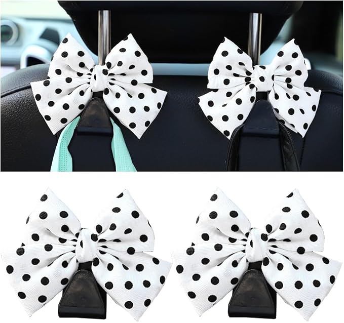 Mandark 2PCS Bow Car Headrest Hooks for Bags, White/Polka Dot | PVC construction, clip-on installation keeps items off the floor, fits most cars, SUVs, and trucks, car interior accessories by Unknown