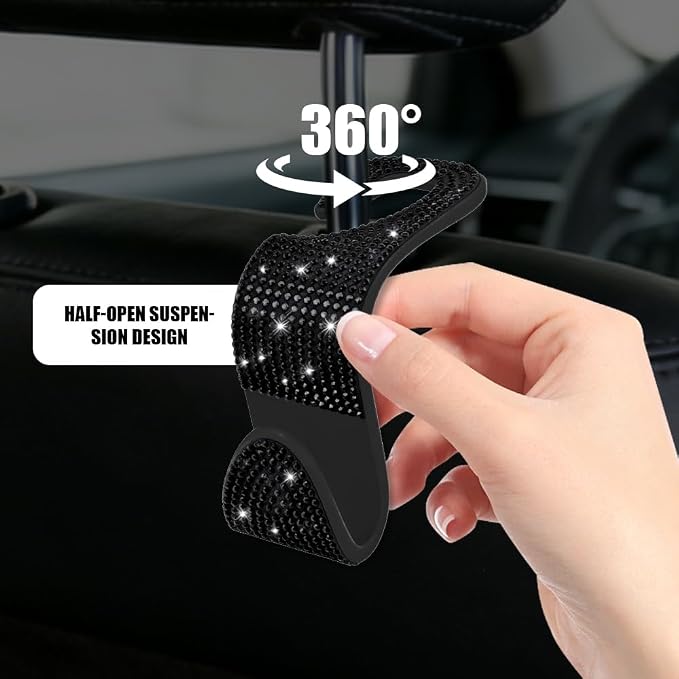 Car Seat Headrest Hook, Automotive Seat Back Organizers, 2PCS | Bling Rhinestone Headrest Hooks with Universal Design, Car Interior Accessories for Holding Handbags Clothes Purses Bottles - Image 4