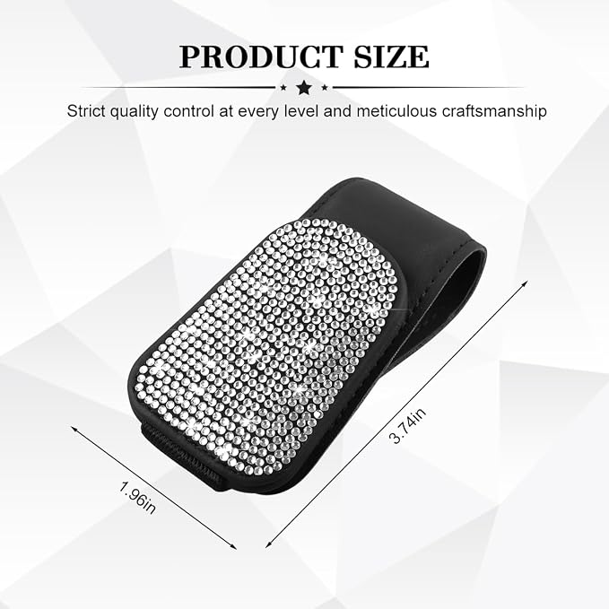 HZEL Bling Sunglass Holder for Car Sun Visor, Magnetic Leather Crystal Rhinestones Vehicle Eyeglasses Visor Clip, Diamond Automotive Glasses Hanger Mount, Universal for SUV RV Truck (Black/White) - Image 2