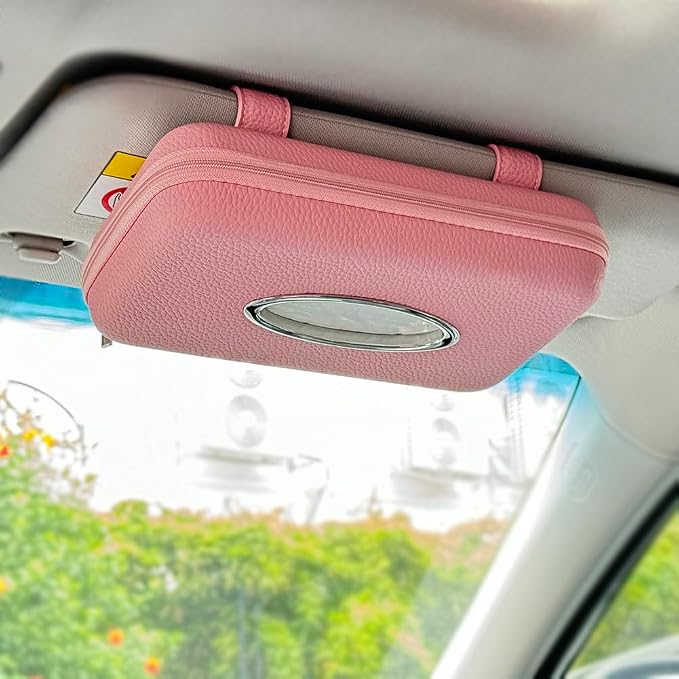 Car Tissue Holder, Sun Visor Tissue Holder, Zipper Car Visor Napkin Holder, PU Leather Backseat Tissue Case for Auto Vehicle (Pink) by Cartisen