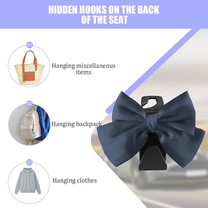 2PCS Car Seat Headrest Hook, Cute Bow Stylish Seat Back Purse Handbag Hanger Organizer, Multi-Purpose Auto Backseat Storage Hook Holder for Umbrella Coat Bag, Universal Fit (Dark Blue) - Image 3