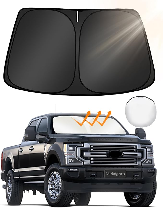 Windshield Sunshade for Ford Super Duty F250 350 450 550 2017-2026 | Custom Fit, Foldable, Easy to Install & Store, Full Coverage, 210T Reflective Fabric, Blocks 99% of UV Rays by Mekdghro