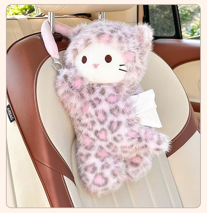 Tissue Box Cover Plush Tissue Box Holder for Car, Home, Decorative Holder/Organizer for Bathroom Vanity Countertop, Nightstands, Office Desk-Pink Leopard Cat - Image 2