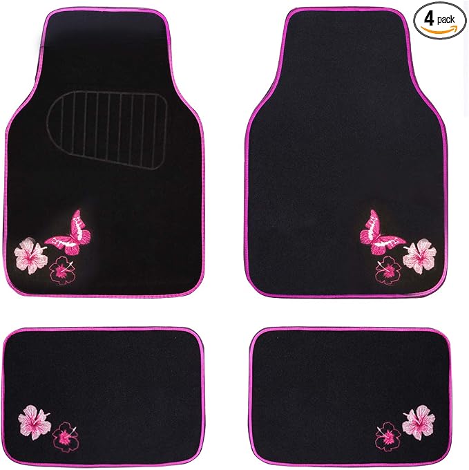 CAR PASS Embroidery Butterfly and Flower Car Floor Mats, Pink Car Floor Mats Universal Fit 95% Automotive,SUVS,Sedan,Vans,for Cute Women,Girly,Set of 4 (Black with Pink) by CARPASS