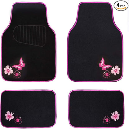 CAR PASS Embroidery Butterfly and Flower Car Floor Mats, Pink Car Floor Mats Universal Fit 95% Automotive,SUVS,Sedan,Vans,for Cute Women,Girly,Set of 4 (Black with Pink) by CARPASS