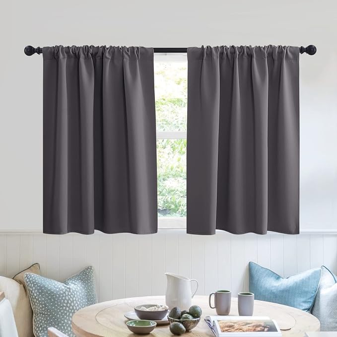 RYB HOME Short Blackout Privacy Curtains 30 inch Long for Bathroom Window | Thermal Insulated, Heat Blocking, Rod Pocket, Half Window Curtain Tiers for Nursery Bedroom, W42 x L30, Grey, 2 Panels by RYBHOME