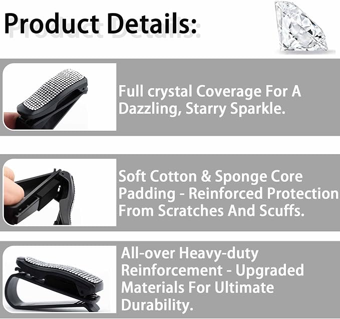 Shimmering Rhinestone Car Visor Clips (2-Pack) - One-Handed Glam Sunglass Holder, Secure Clip for Sun Visor (White) - Image 3