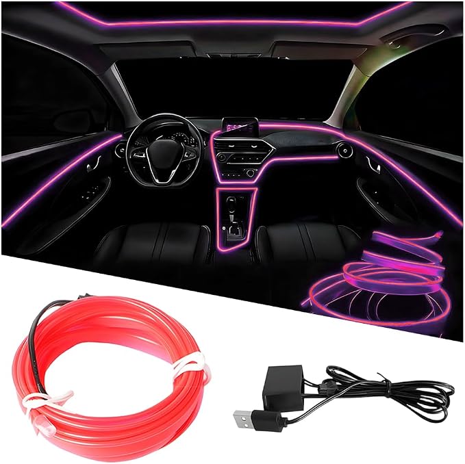 EL Wire Car LED Strip Lights, 10FT 5V USB Vehicle Ambient Lighting Kit with Fuse Protection, Automotive Interior Neon Decoration Lamp with 5mm Sewing Edge, Universal Fit (Pink) by Ywdiml
