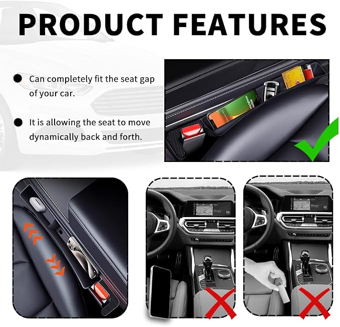 2PCS New Car Seat Gap Filler with 2 Storage Areas,Stylish Car Seat Gap Storage for Stabilizing Phone,Keys Wallet,Universal Car Seat Gap Filler Organizer Interior Accessories (Carbon Black) - Image 5