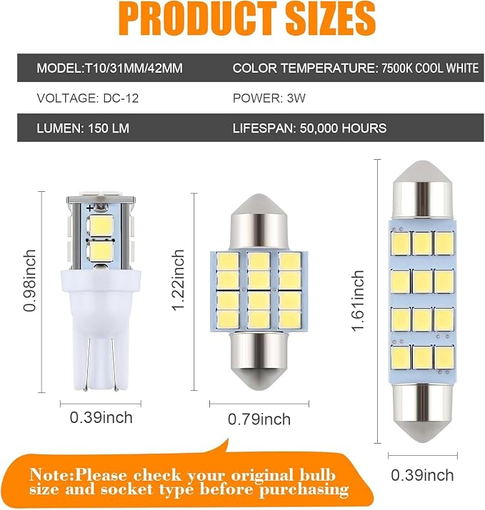 iFunyLED 24 Pieces Dome Light LED Car Interior Bulb Kit Set 194 T10 DE3175 578 31mm 42mm Bulbs Interior Replacement Lights for Car Map License Plate Door Side Marker Cornering Trunk Light - Cool White - Image 2